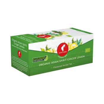 Julius Meinl Bio Tee Ingwer Zitrone Asian Spirit, Kräutertee, 25 Teebeutel Packung Produktbild, Vorderseite der Verpackung
